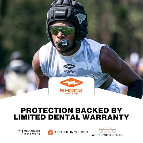 Shock Doctor Lip Guard, Adult and Youth Mouth Guard Football with Strap, Breathable Wide Opening Football Mouthpiece for Youth and Adults OSFA, Shock Doctor Mouth Guards, Max Airflow - color: Trens Blue/ Clear