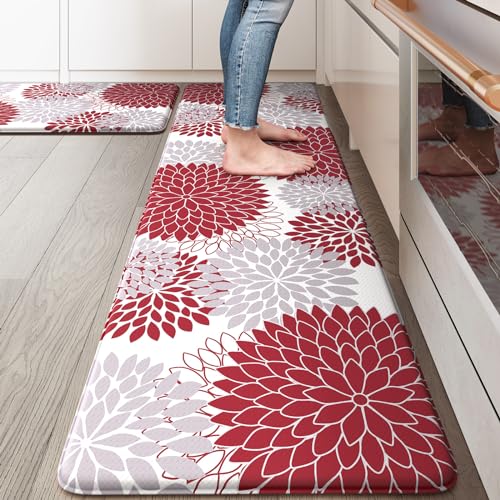 Anti Fatigue Kitchen Mats,17"x59"+17"x29" Non Slip Boho Dahlia Kitchen Rugs Sets of 2,Farmhouse Waterproof Kitchen Mat for Floor,Cushioned Standing Mat for Office,Laundry,Sink,Desk,Red - color: Red, size: 17.3" x 59 "+ 17.3" x 29 "--0.47 inches