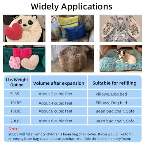 Bean Bag Filler, 50lbs Shredded Memory Foam Stuffing, Filling & Refill for Bean Bag Chairs, Couch Cushions, Punching Bags, Pillows, Sofas, Dog Beds, Multi Color & Shape (Pack of 10) - color: Multi Color, size: 50 Pound (Pack of 1)