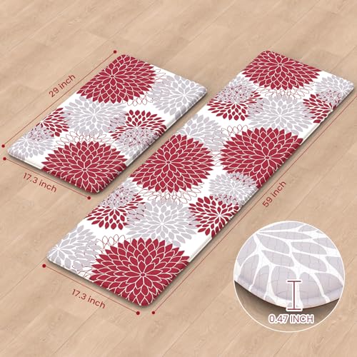 Anti Fatigue Kitchen Mats,17"x59"+17"x29" Non Slip Boho Dahlia Kitchen Rugs Sets of 2,Farmhouse Waterproof Kitchen Mat for Floor,Cushioned Standing Mat for Office,Laundry,Sink,Desk,Red - color: Red, size: 17.3" x 59 "+ 17.3" x 29 "--0.47 inches