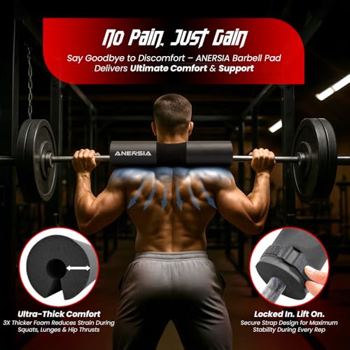Barbell Pad for Squats & Hip Thrusts – 1.2” Extra-Thick High-Density Foam – Non-Slip Neck & Shoulder Support Cushion – Fits Olympic & Standard Bars – Quick On/Off Design + 2 Securing Straps - color: Black