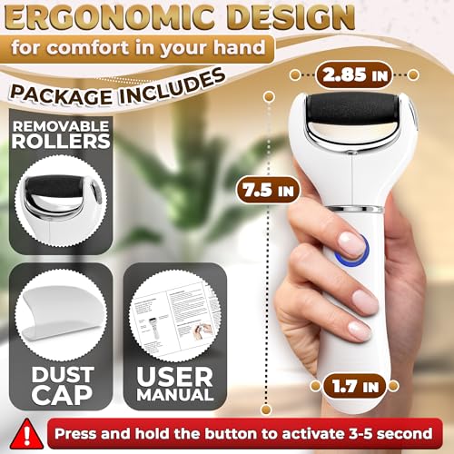Electric Foot File Callus Remover for Feet, 3-Speed, 2 Rollers | Foot Scrubber Electric, 1800/2200/2800 RPM, 80 & 60 Grit Rollers & Cleaning Brush, LED Indicator for Cracked Heels & Dry Skin - color: White Callus Remover