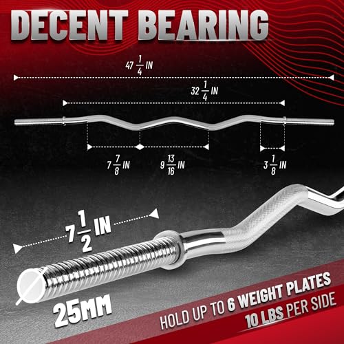 Yes4All Standard Straight Barbell 60" & EZ Curl Bar 47", Capacity 200 to 480 LB, Weight Bar 1" to 2" Diameter - Star Lock Collars, Rubber Ring, Barbell Spins Included for Deadlifts & Squats - color: C. 1" Curl Bar - Chrome, style: B. Curl Bar 1"