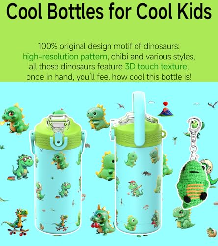 MYFOREST 14oz/400ml Insulated Kids Water Bottle, Odor-free Liner, 3D Touch | No Plastic Taste, Surgical Steel - No Chemical Leaching, Name Spot, Soft Sipper, Gift for Dino Fan, Blue. Dinosaurs - color: Blue. Dinosaurs