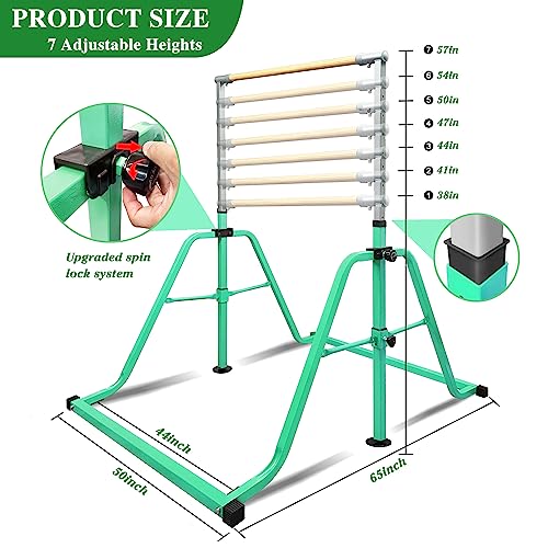 Foldable & Moveable Gymnastics Horizontal Bar with Rings,3’to 5’Adjustable Height Expandable Junior Kip Bar for Home,Indoor Gym Equipment for Kids - style: Foldable Green with Rings