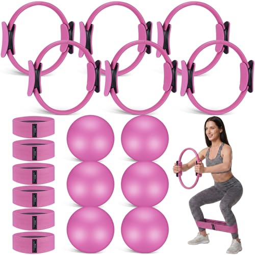 Seenelling 18 Pcs Pilates Ring and Ball Set with Resistance Bands Home Workout Pilates Equipment 11.8 Inch Magic Circle with Padded Handles, Mini Ball for Strength, Toning and Flexibility - color: Pink