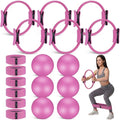 Seenelling 18 Pcs Pilates Ring and Ball Set with Resistance Bands Home Workout Pilates Equipment 11.8 Inch Magic Circle with Padded Handles, Mini Ball for Strength, Toning and Flexibility - color: Pink
