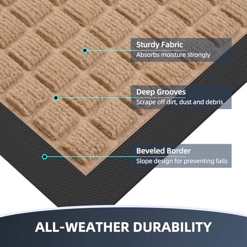 Front Door Mat Outside Entrance, Heavy Duty Waterproof Doormat | 29.5"x17" Indoor/Outdoor Dirt Trapper with Non-Slip Rubber Backing, Low Profile Easy Clean, Stain & Fade Resistant Beige - color: Beige, size: 1'5" x 2'6" (Rectangular)