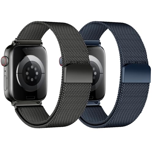 Stainless Steel Milanese Loop Compatible with Apple Watch Bands 49mm 46mm 45mm 44mm 42mm 38/40/41mm Men Women；Mesh Loop Magnetic Clasp Strap for iWatch Bands Ultra 3 2 1 Series 11 10 9 8 7 SE 6 5 4 - color: Black+Midnight Blue, size: 42mm(Series 3)/44mm/4