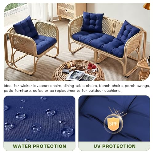 Wicker Chair Cushions Set, 2 U-Shaped Cushions & 1 Loveseat, Waterproof Outdoor Loveseat Cushion for Patio Furniture, Settee Bench Pad All Weather,Navy Blue - color: Navy Blue