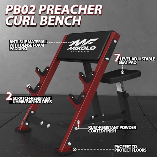 Mikolo Preacher Curl Bench, Seated Arm Isolated Barbell Dumbbell Bicep Station, Bicep Curl Machine with 2 Bar Holders for Home Gym - color: RED