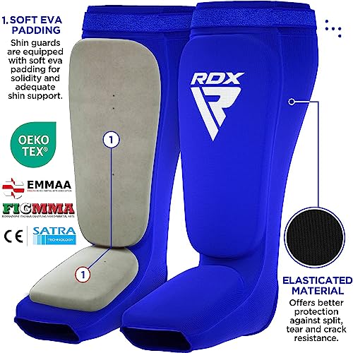 RDX Shin Guards Kickboxing Muay Thai, SATRA Approved, MMA Leg Instep Protection Pads, Sparring Training Martial Arts Boxing, Elasticated Padded Protector, Karate BJJ Taekwondo Gear, Men Women - color: Blue White, size: Large