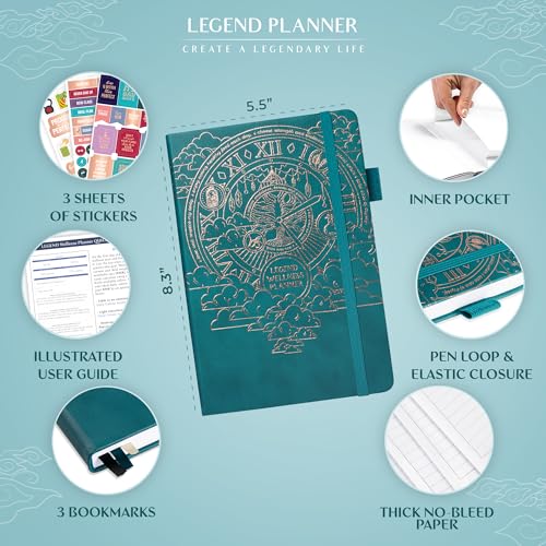 Legend Wellness Planner & Food Journal – Daily Diet & Health Journal with Weight Loss, Measurement & Exercise Trackers – Lifestyle & Nutrition Diary – Lasts 6 Months, A5 size – Dark Teal - color: Dark Teal Gold Foil, size: A5 (5.8” x 8.3”)