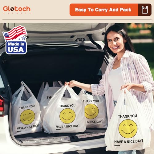 Glotoch 1000 Count Plastic Thank You T-shirt Bags Smile Face, 11.5 x 6.5x 21" HAVE A NICE DAY Grocery Shopping Gift Bag with Handle for Restaurant, Retail, Takeout, Convenience Store, in Bulk Business - color: White Smile, size: 1000 Count