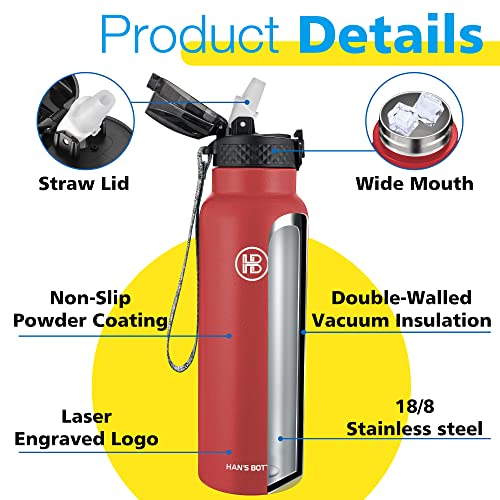 Han's Bottle Sports Water Bottle - 24 Oz, Straw Lid, Leak Proof, Vacuum Insulated Stainless Steel, Double Walled, Thermo Mug,Red - color: Red, size: 24 Ounces