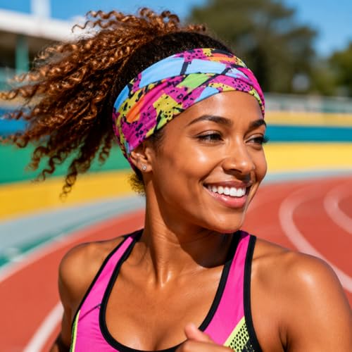 4Pcs 80s 90s Retro Headbands Neon Geometric Soft Sweatbands | Print Hair Head Bands, Wicking, for Women Men Athletic, for Fitness Running Cycling Hip Hop Party Style Hiking