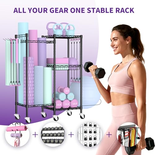 Dumbbell Rack, Home Gym Storage with Locking Wheels & 4 Hooks, 4 Tier Adjustable Workout Equipment Storage for Yoga Mat, Foam Roller, Dumbbell, Kettlebell, Fitness Ball and Resistance Band