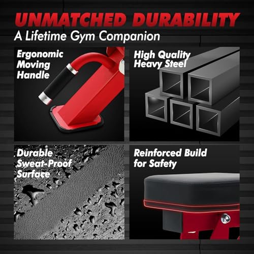 RITFIT Adjustable Weight Bench, Incline Decline Flat, 1300LB Capacity | Full Body Workout Bench for Home Gym Strength Training, 10 Backrest Positions, 3 Seat Angles, Heavy Duty Steel Frame - color: Red, with 2x5lb Rubber Hex Dumbbells