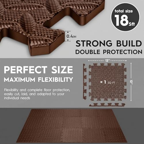 18pcs Puzzle Exercise Mat, 12.6"x12.6"x0.4", 18sqft EVA Interlocking Foam Floor Tiles, Protective, Water-Resistant Flooring for Home Gym & Workout Equipment - color: Brown