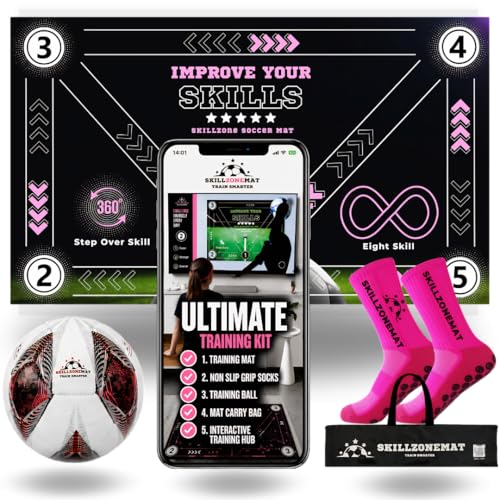 SkillZone Soccer Training Mat with Soccer Ball – Dribbling & Footwork Trainer | Indoor/Outdoor Soccer Training Kit with Interactive Video Hub, Grip Socks & Carry Bag | Control & Agility Practice - color: Flash Pink - Match Kit