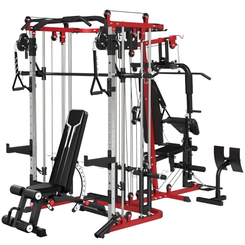 All in One Home Gym System Workout Station, Multi-Function Smithe Machine Power Cage with Cable Crossover System, Tripe-Sided Independent Load Posts, Functional Trainer for Full Body Training - color: Red, style: Home Gym Station with Weight Bench (9001)
