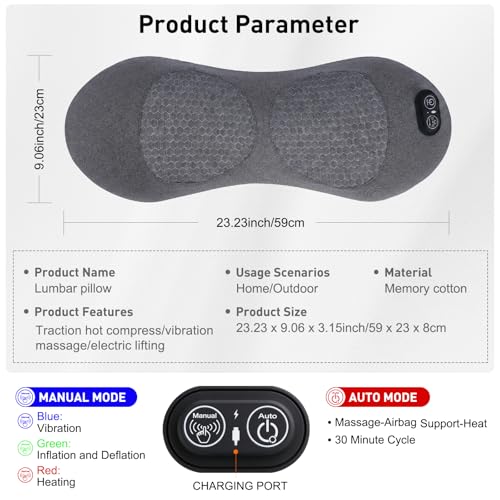 Electric Back Massager with Heat Vibration Airbag, Cordless Lumbar Support Pillow Neck Massager for Pain Relief Deep Tissue