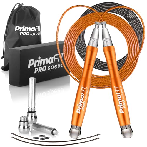 PrimaFIT Pro Speed Jump Rope for Adults, Weighted Skipping Rope for Boxing | Adjustable Jumping Rope for Fitness Workout & CrossFit Exercise, Double Unders, Handle Weights, 3m Cables 2 Protectors, Bag - color: Orange