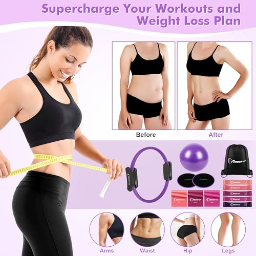 Goocrun Pilates Ring Set Exercise Equipment, with Exercise Resistance Bands Set, Pilates Ball, Sliding Disks. Portable Home Gym - with Fitness Guide Poster - color: Purple, size: Basic-level