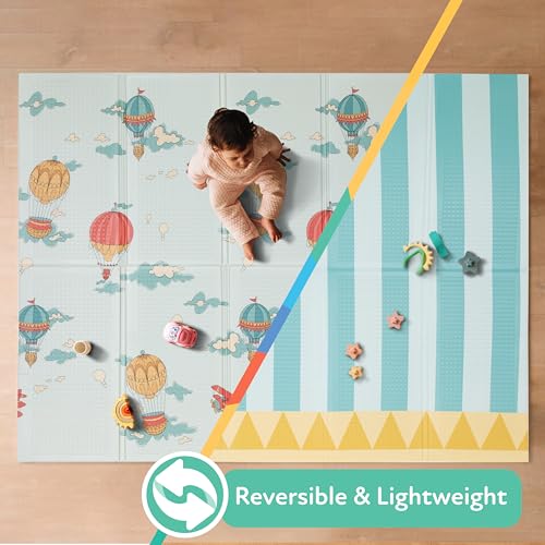 Nuby Reversible Baby Floor Mat - Foldable and Lightweight Foam Infant Play Mat - 77" x 58" - Easy Storage and Travel - Hot Air Balloons/Stripes - style: Hot Air Balloons