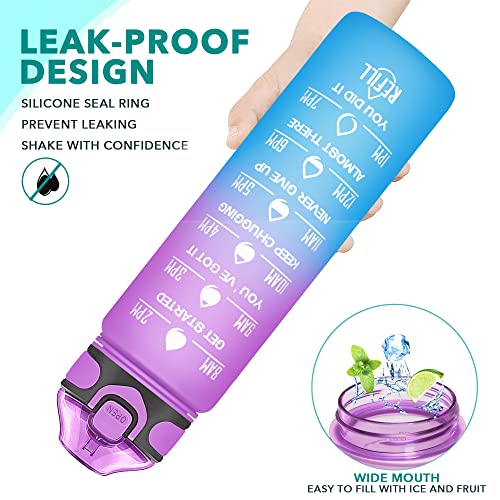 Enerbone 32 oz Drinking Water Bottle with Times to Drink and Straw, Motivational with Carrying Strap, Leakproof BPA & Toxic Free, Ensure You Drink Enough Water for Fitness Gym Outdoor - color: Purple Blue