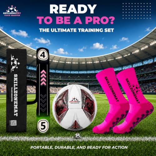 SkillZone Soccer Training Mat with Soccer Ball – Dribbling & Footwork Trainer | Indoor/Outdoor Soccer Training Kit with Interactive Video Hub, Grip Socks & Carry Bag | Control & Agility Practice - color: Flash Pink - Match Kit