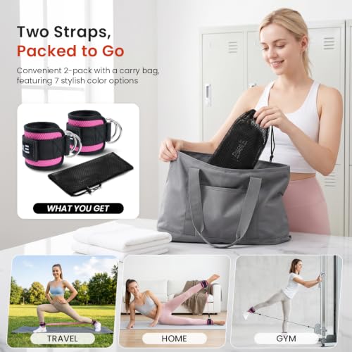 BAGAIL Ankle Straps for Cable Machines (2 Pack), Double D-Ring Ankle Cuffs with Extra Thick Padding, Adjustable Fit for Women & Men Glute Kickbacks, Hip Abductors & Leg Curls, Includes Mesh Bag - color: Pink