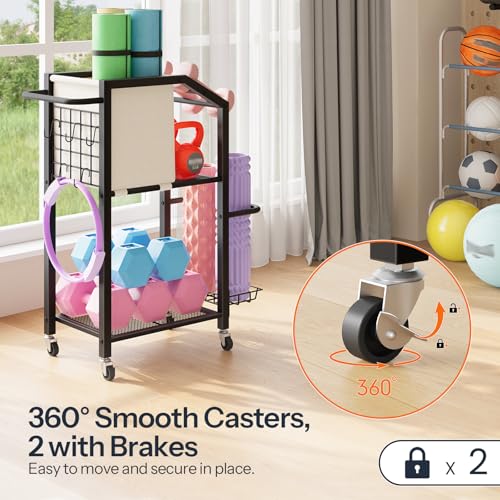HOOBRO Dumbbell Rack, Weight Rack for Dumbbells, Yoga Mat Storage Rack, Home Gym Storage Rack for Dumbbells Kettlebells Foam Roller, Workout Storage Organizer with Wheels & Hooks - color: Black