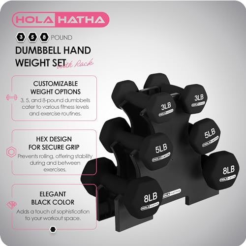 HolaHatha 1, 2 and 3 lb Neoprene Dumbbell Strength Training Weight Set with Rack - color: Black, size: 32 LB