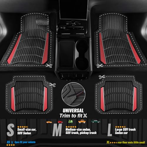 CAR PASS Heavy Duty Rubber Car Floor Mats, Deep Waterproof Car Floor Mats All Weather, Aluminum Film Floor Mats for Cars Non-Slip Universal Trim to Fit for SUVs Trucks Sedans Vans, Black Red Metallic - color: Black Red