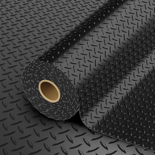 StellarStar 8x25 FT Garage Floor Mat, 2.8mm Thickened PVC Flooring Roll for Under Car, 200 SQFT Diamond Plate Black Garage Mats for Garage, Warehouse, Basement, Factory, Trailer (Include Tapes) - color: Black, size: 8x25 FT