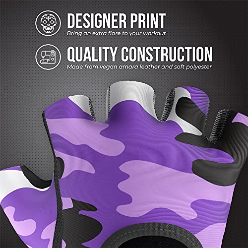 Contraband Pink Label 5217 Women's Design Series Camo Print Lifting and Rowing Gloves (Pair) - Lightweight Vegan Medium Padded Microfiber Amara Leather w/Griplock Silicone - color: Purple, size: X-Small