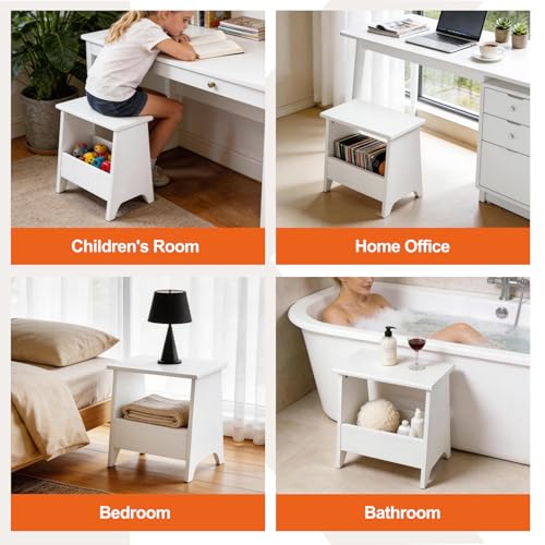 King Oasis Small Storage Stool with Flat Top, 15.7" Modern Footstool Ottoman for Living Room & Bedroom, Narrow Shoe Bench/Side Table for Entryway, Bathroom, Bedroom and Small Spaces, White - color: White