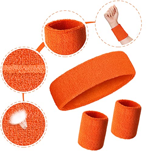 Bememo 6 Pcs Neon Sports Sweatbands Set Sports Competitions Sweatbands 2 Headband 4 Wristbands Breathable Terry Cloth Athletic Bands for Team Soccer Spirit 80s Costumes Cosplay - color: Neon Orange