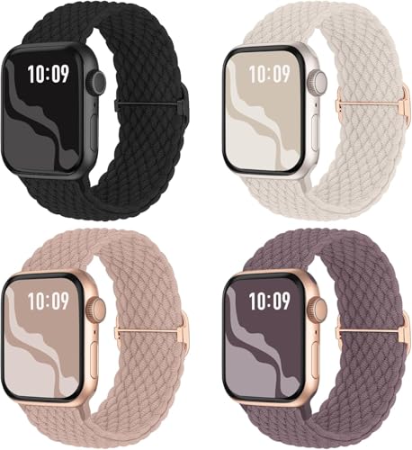 4 Pack Braided Stretchy Bands Compatible with Apple Watch 40mm 41mm 38mm 42mm 44mm 45mm 46mm 49mm Women Men, Breathable Nylon Elastic Daily Use Straps for iWatch Series 11/10 9 8 7 6 5 4 3 SE/Ultra 2 - color: Black/Starlight/Nude Pink/Smoke Violet, size: