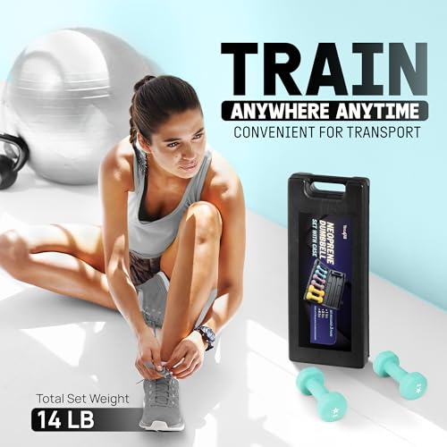 Yes4All Neoprene Coated Dumbbell Hand Weight Sets - Multiple Weight Options with Rack, Anti-roll, Anti-Slip, Hexagon Shape - style: D. SET WITH CASE 1-2-4lb pair