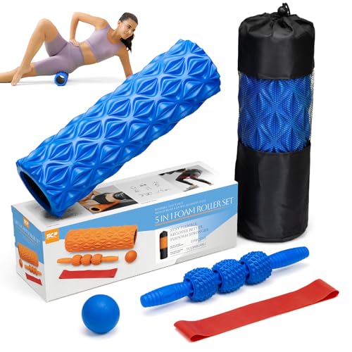 5 in1 Foam Roller Set, Trigger Point Foam Roller, Massage Roller Stick, Massage Ball, Resistance Band for Deep Muscle Massage Pilates Yoga,Fitness Exercise for Whole Body (Pure Blue) - color: Pure Blue