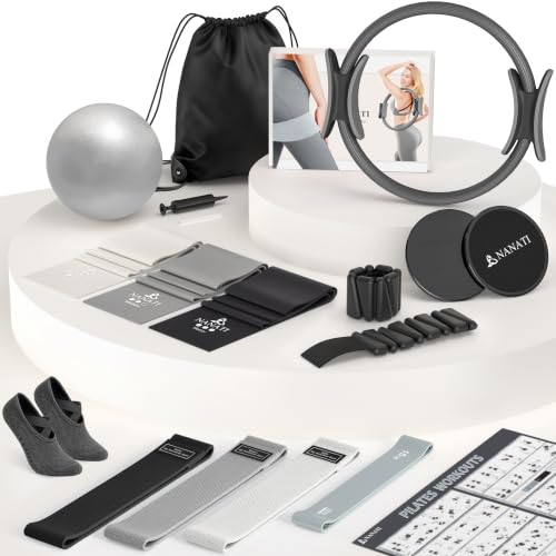 NANATI Pilates Kit, Home Pilates Workout Kit for Women, Pilates Equipment with 14.5" Pilates Ring and Ball, Resistance Bands, Ankle Weights, Sliders & Grip Socks for Home Workouts - color: New Grey