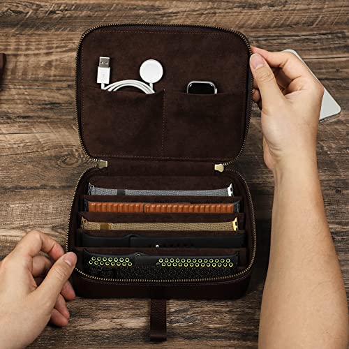 CONTACTS Full Grain Leather Watch Straps Case 6 Slot Watches Bands Travel Box with Handle Portable Watches Band Storage Organizer Bag - size: 6 Slot