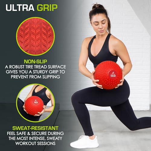 ProsourceFit Slam Medicine Balls 5, 10, 15, 20, 25, 30, 50lbs Smooth and Tread Textured Grip Dead Weight Balls for Strength and Conditioning Exercises, Cardio and Core Workouts - color: Red, size: 10 LB