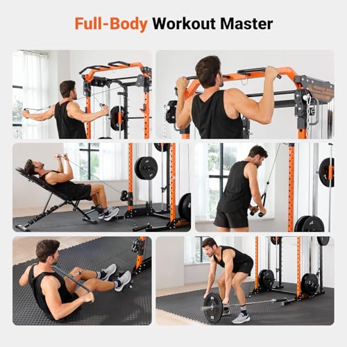 YOLEO Smith Machine & Squat Rack Combo, Multi-Functional Power Racks with Adjustable Width & Pull-Up Bar, Cable Crossover Power Cage, Independent Dual-Pulley System for Home Gym Garage Basement - style: Smith Machine Combo（1800LB Multi-Functional Smith Ma