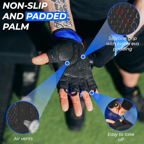 BEAST RAGE Workout Gloves for Men, Durable Palm Grip Gym Gloves Women Half Finger Elasticated Training Weight Lifting Strength Bodybuilding Anti Slip Cycling Gloves Exercise - color: Blue, size: Large