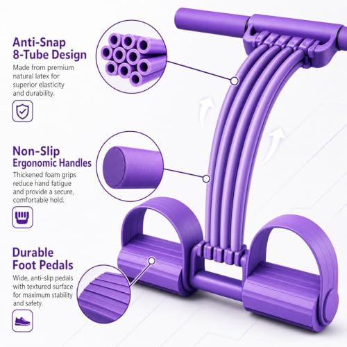 Pedal Resistance Band with Handle Upgraded 8-Tube Resistance Bands with Handles Set, 3-in-1 Multifunctional Chest Expander, Back Puller and Stretching Rope,Detachable Pedal Exerciser for Home - color: Purple