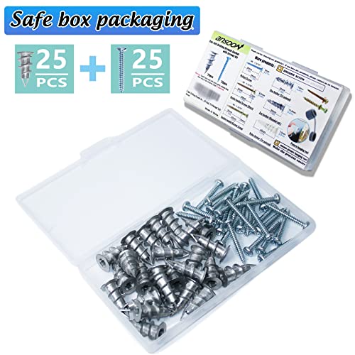 Metal No Pre-Drill Self Drilling Wall Anchors and Screws for Drywall | 25 Hollow Drywall Anchors and 25 #8 1-1/4'' Screw, for Drywall, Plaster, Sheetrock Hanging and Mounting Holds Upto 75lbs