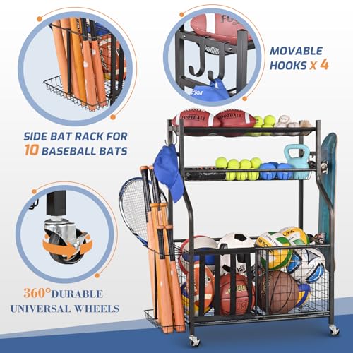 PLKOW Sports Equipment Storage for Garage, Indoor/Outdoor Sports Rack for Garage, Ball Storage Garage Organizer with Basket and Hooks,Toy/Sports Gear Storage - color: Black, 36" L x 16.4" W x 44.3" H